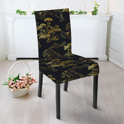 Black And Gold Japanese Tiger Print Dining Chair Slipcover