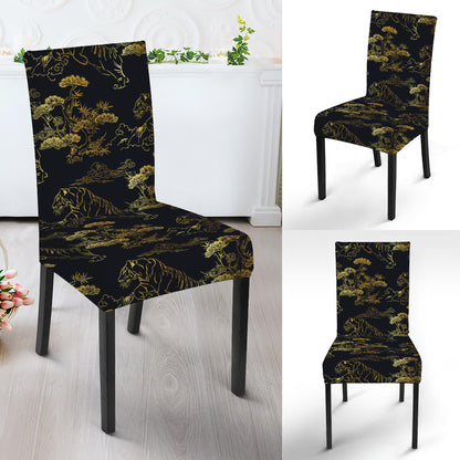 Black And Gold Japanese Tiger Print Dining Chair Slipcover