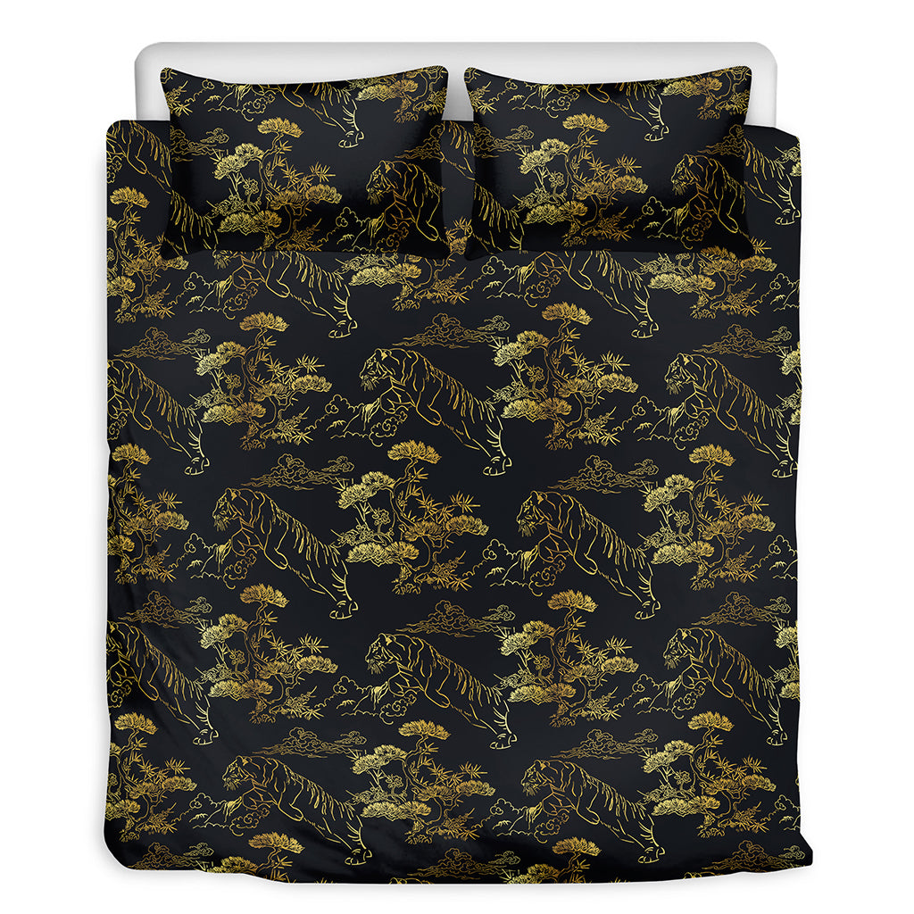 Black And Gold Japanese Tiger Print Duvet Cover Bedding Set