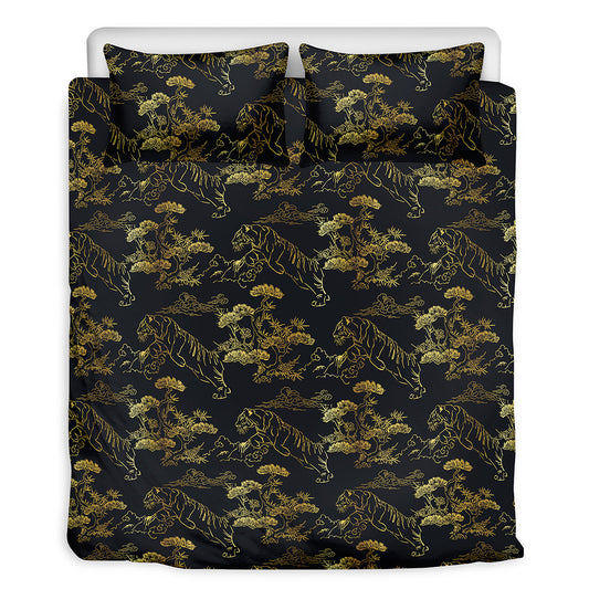 Black And Gold Japanese Tiger Print Duvet Cover Bedding Set