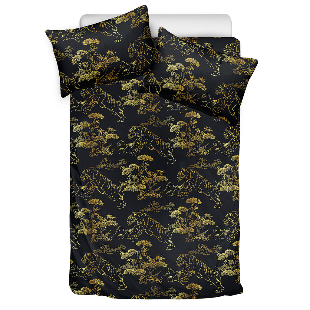 Black And Gold Japanese Tiger Print Duvet Cover Bedding Set