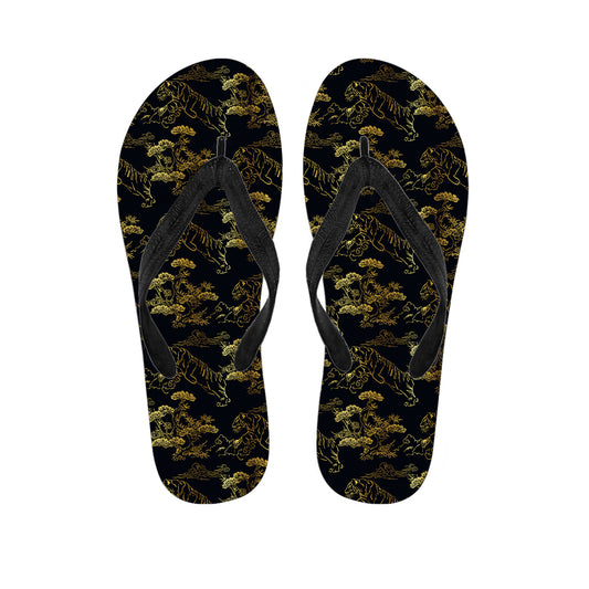 Black And Gold Japanese Tiger Print Flip Flops