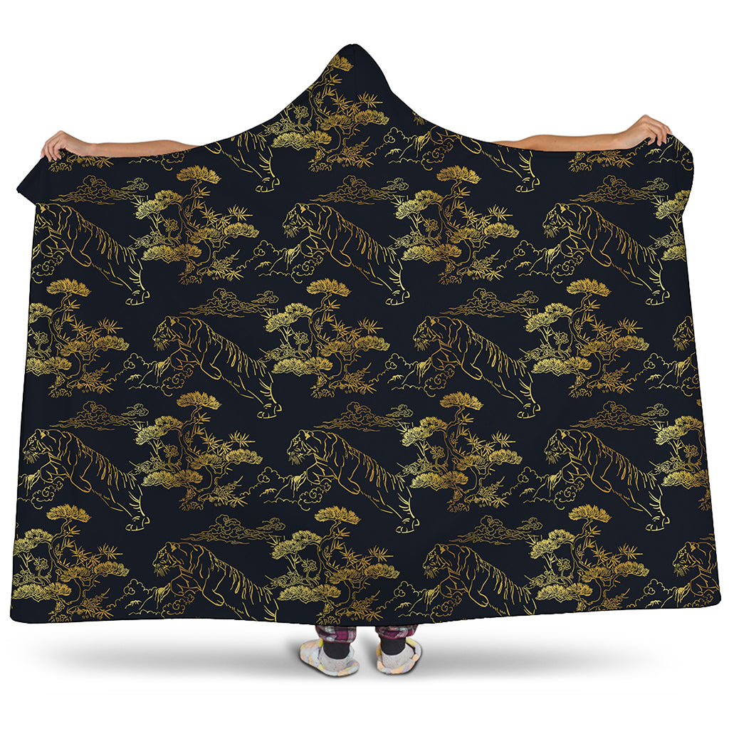 Black And Gold Japanese Tiger Print Hooded Blanket