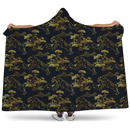 Black And Gold Japanese Tiger Print Hooded Blanket