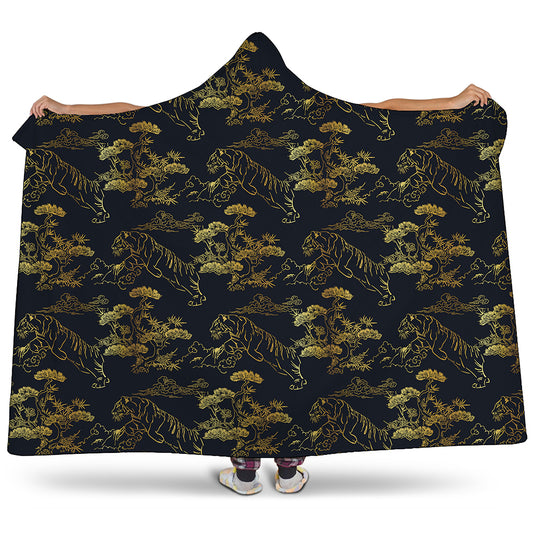 Black And Gold Japanese Tiger Print Hooded Blanket