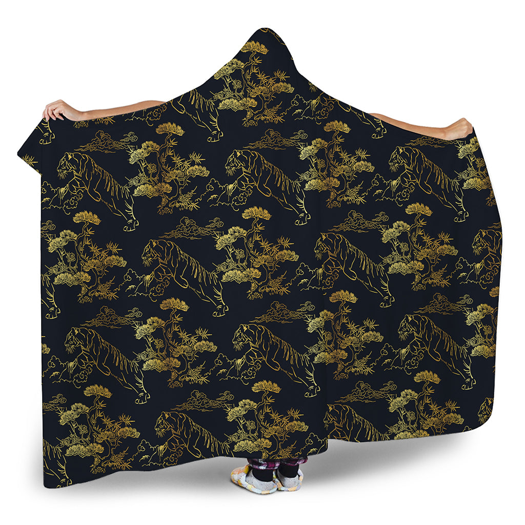 Black And Gold Japanese Tiger Print Hooded Blanket