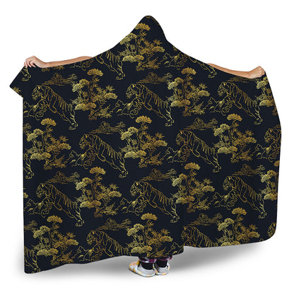 Black And Gold Japanese Tiger Print Hooded Blanket