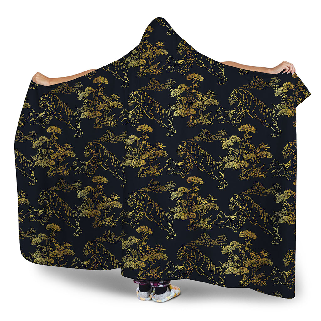 Black And Gold Japanese Tiger Print Hooded Blanket