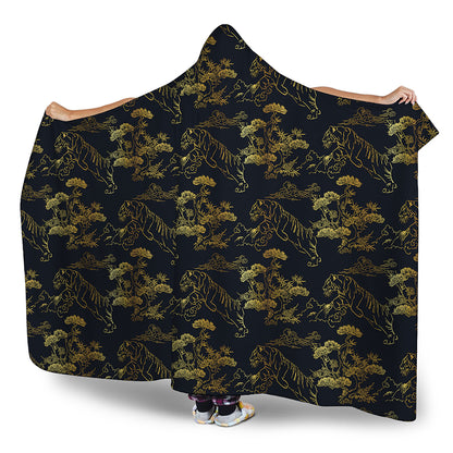 Black And Gold Japanese Tiger Print Hooded Blanket