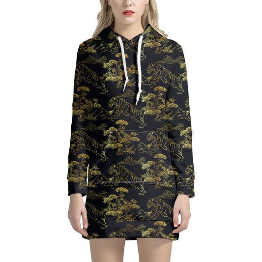 Black And Gold Japanese Tiger Print Hoodie Dress