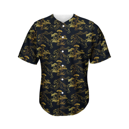 Black And Gold Japanese Tiger Print Men's Baseball Jersey
