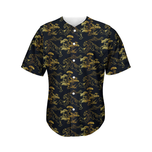 Black And Gold Japanese Tiger Print Men's Baseball Jersey