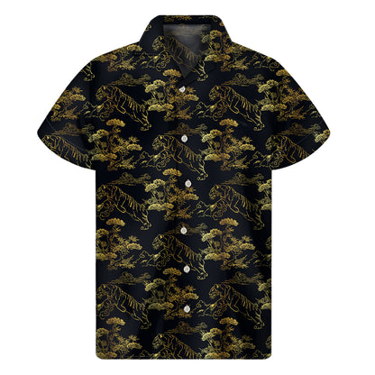 Black And Gold Japanese Tiger Print Men's Short Sleeve Shirt