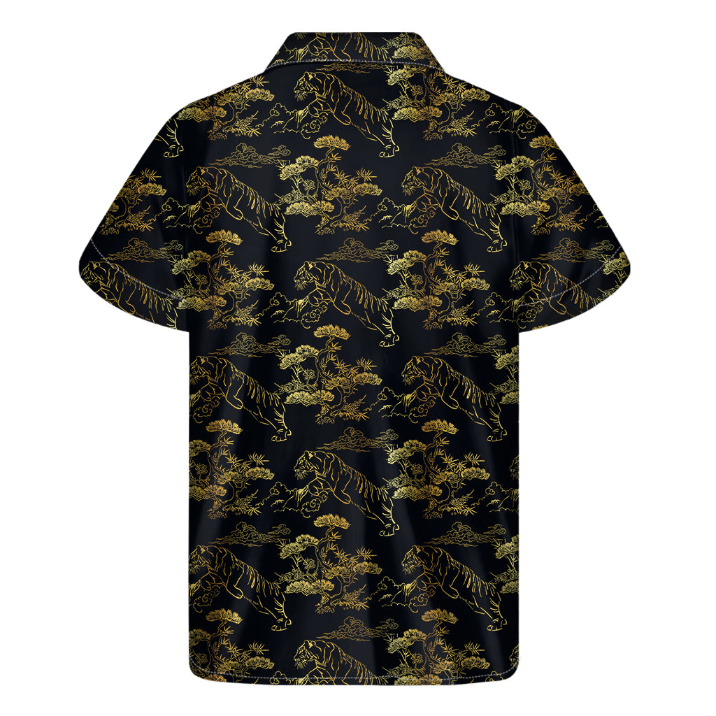 Black And Gold Japanese Tiger Print Men's Short Sleeve Shirt