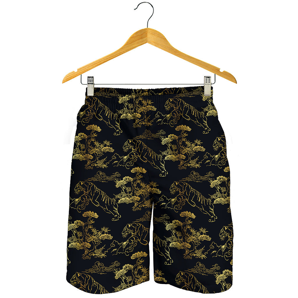 Black And Gold Japanese Tiger Print Men's Shorts