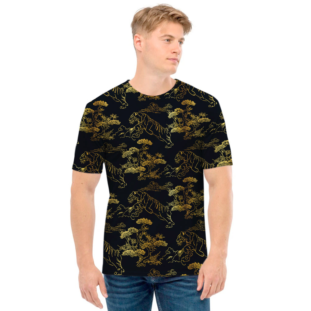 Black And Gold Japanese Tiger Print Men's T-Shirt