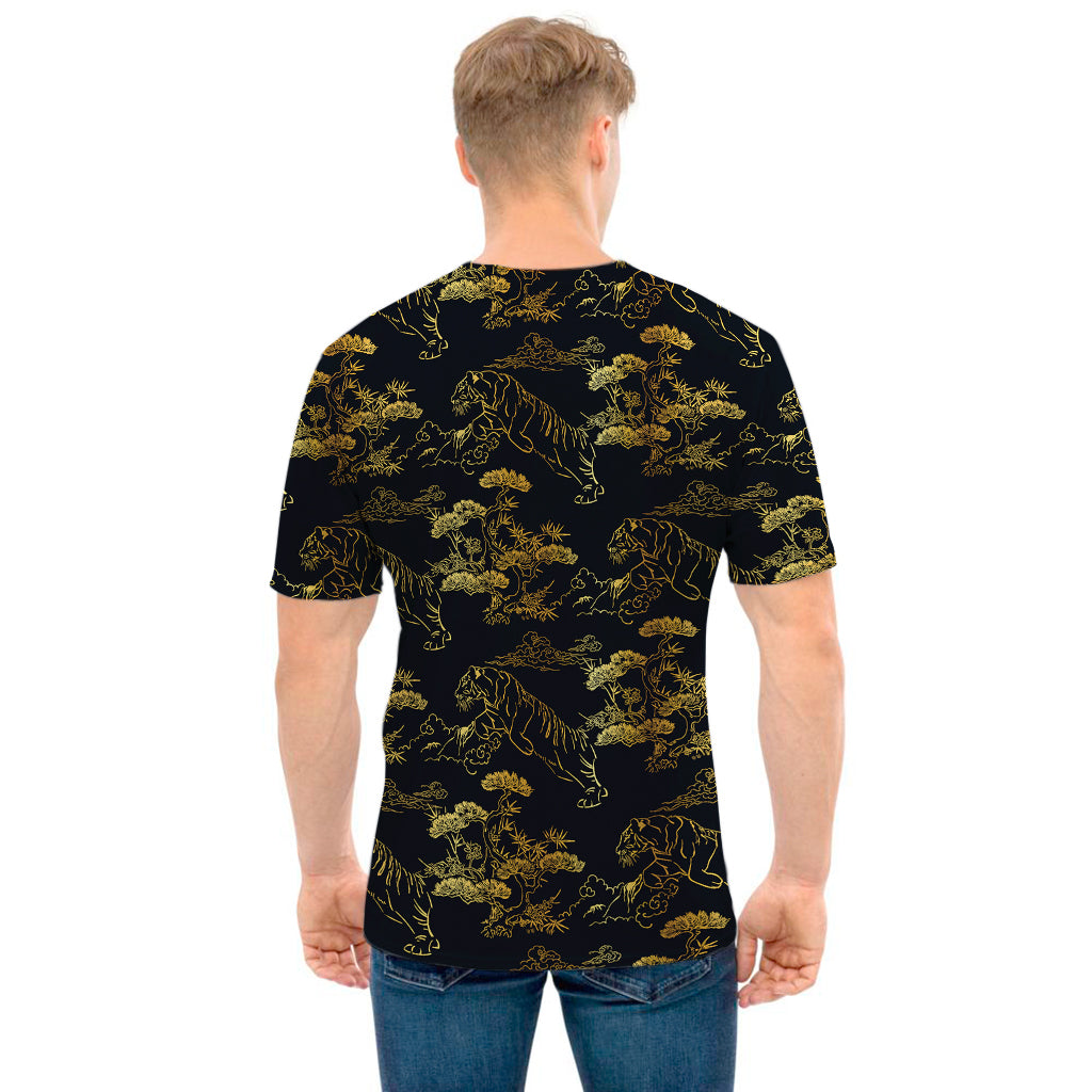 Black And Gold Japanese Tiger Print Men's T-Shirt
