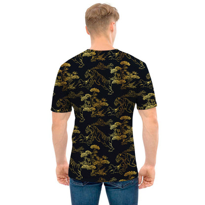 Black And Gold Japanese Tiger Print Men's T-Shirt