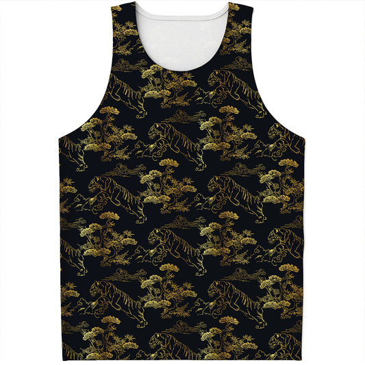 Black And Gold Japanese Tiger Print Men's Tank Top