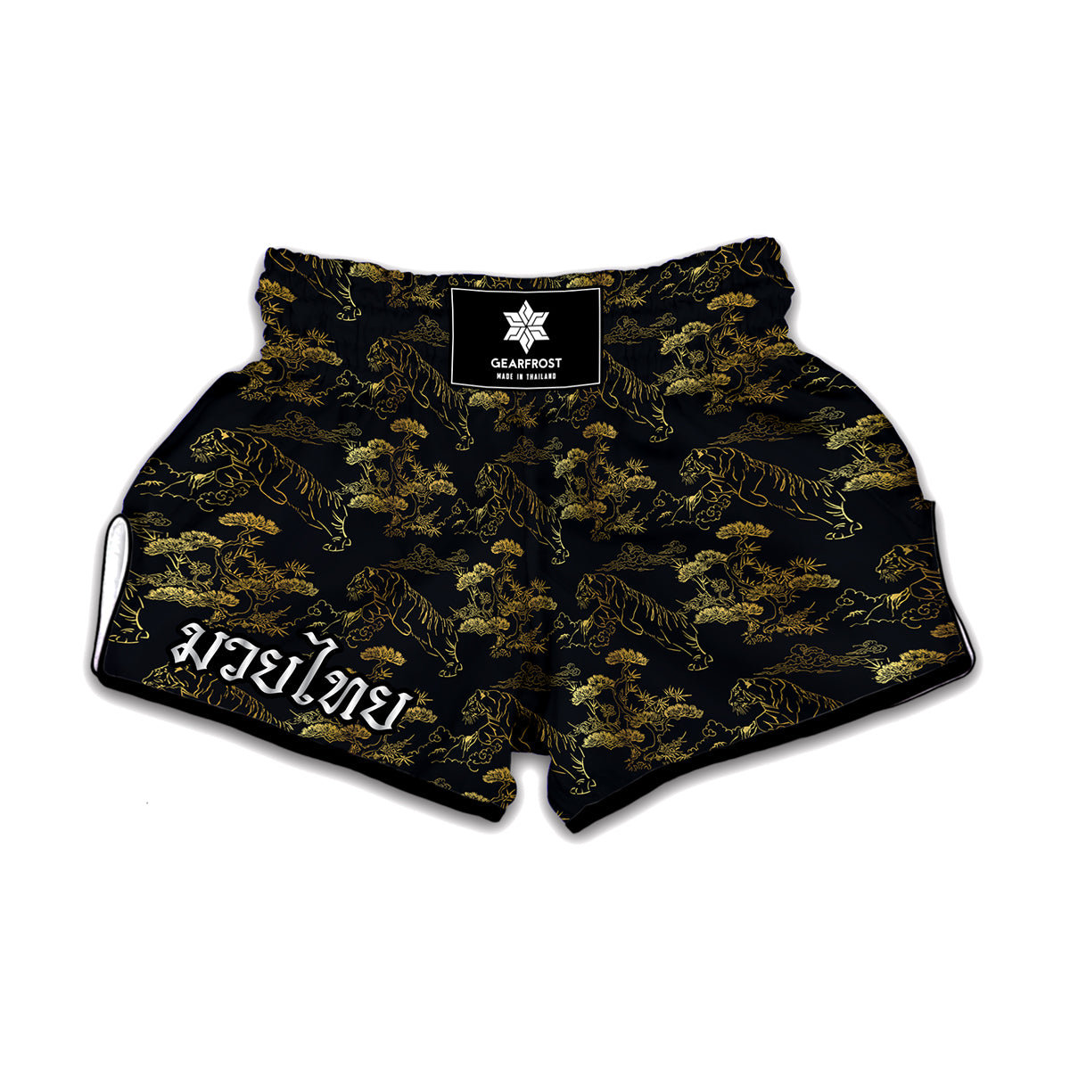 Black And Gold Japanese Tiger Print Muay Thai Boxing Shorts
