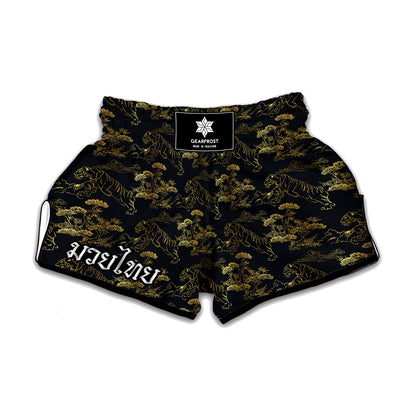 Black And Gold Japanese Tiger Print Muay Thai Boxing Shorts