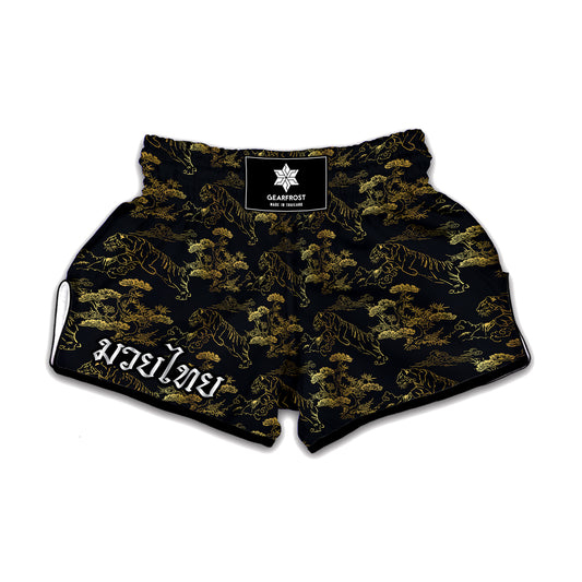 Black And Gold Japanese Tiger Print Muay Thai Boxing Shorts