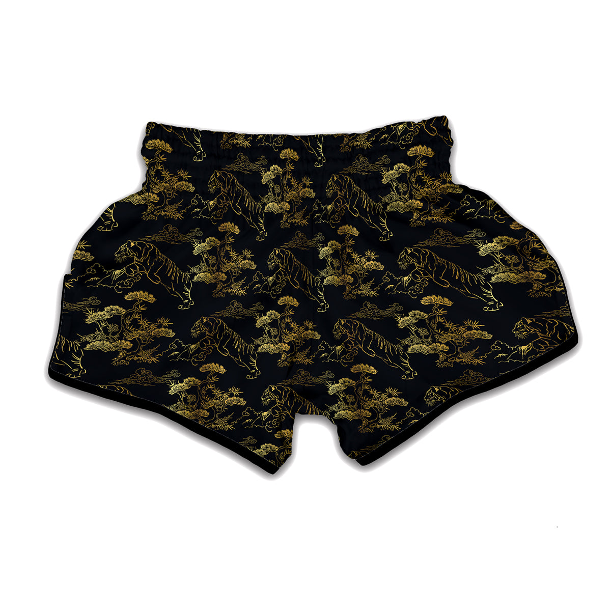 Black And Gold Japanese Tiger Print Muay Thai Boxing Shorts