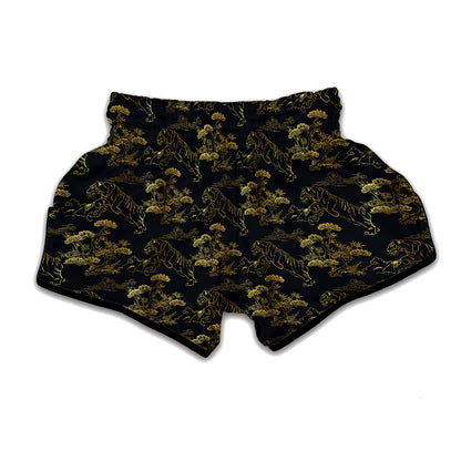 Black And Gold Japanese Tiger Print Muay Thai Boxing Shorts