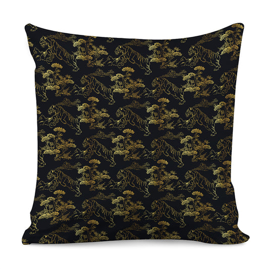 Black And Gold Japanese Tiger Print Pillow Cover