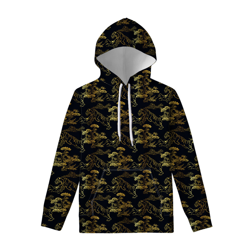 Black And Gold Japanese Tiger Print Pullover Hoodie
