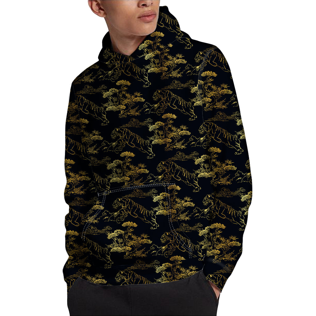 Black And Gold Japanese Tiger Print Pullover Hoodie