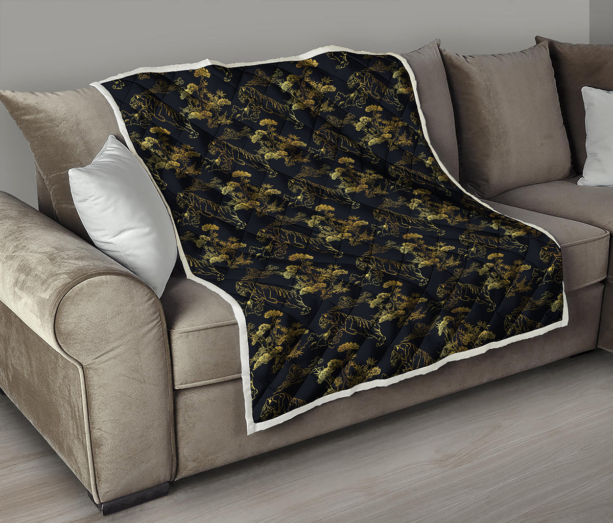 Black And Gold Japanese Tiger Print Quilt