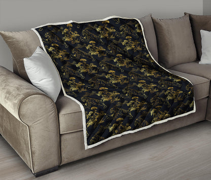 Black And Gold Japanese Tiger Print Quilt