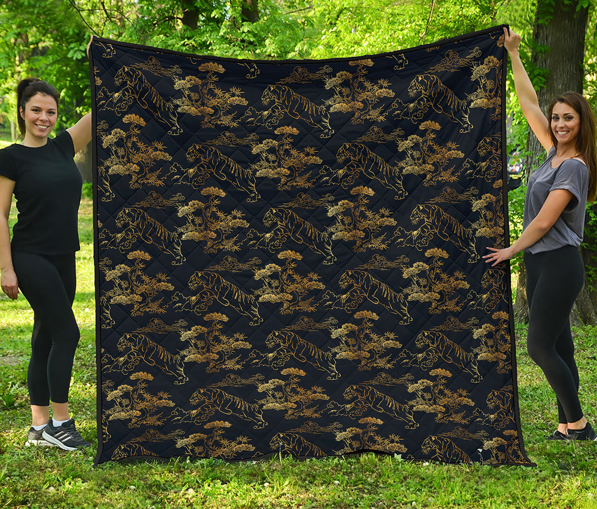 Black And Gold Japanese Tiger Print Quilt