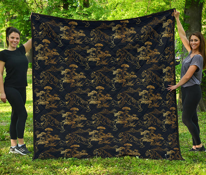 Black And Gold Japanese Tiger Print Quilt