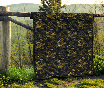 Black And Gold Japanese Tiger Print Quilt