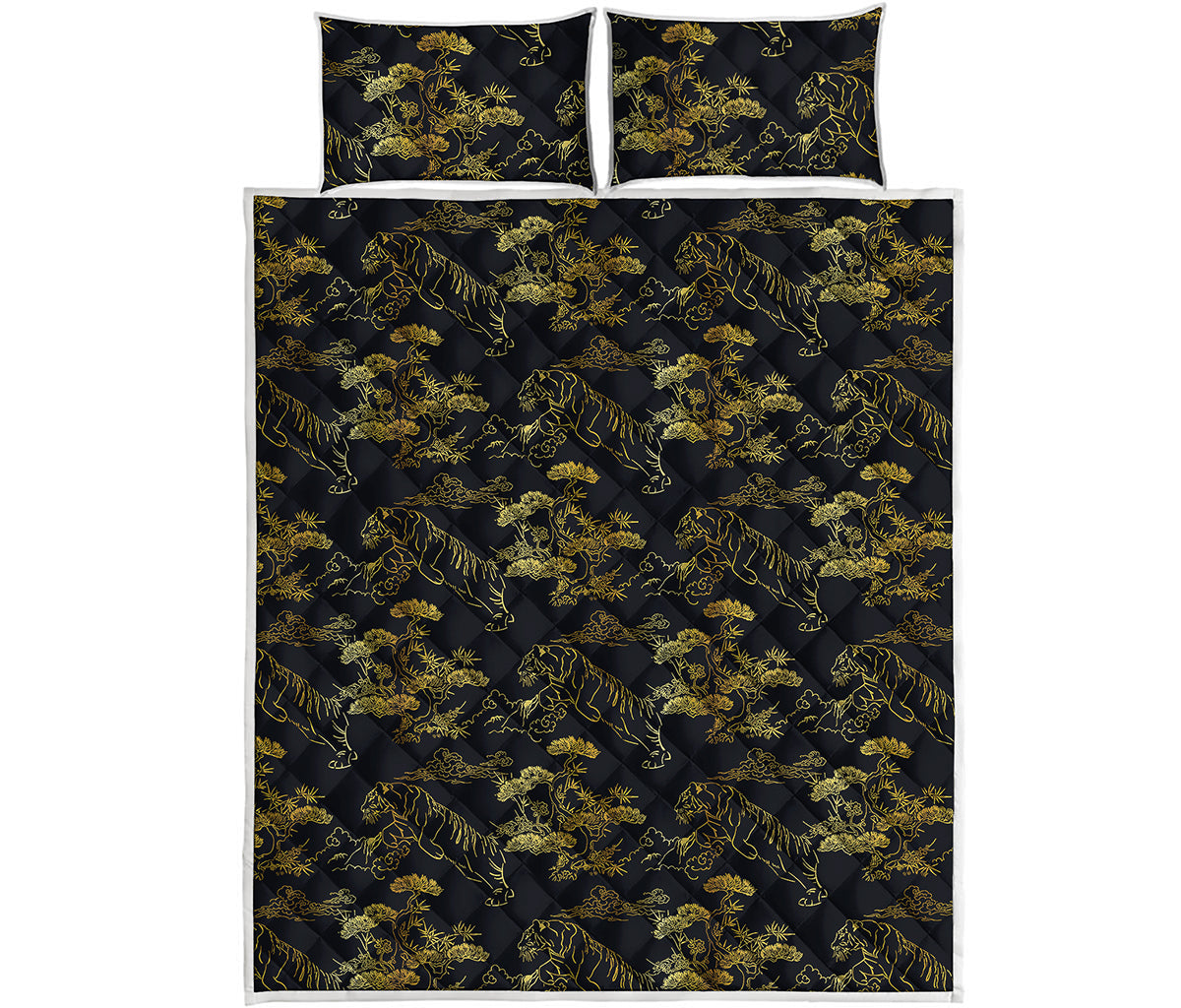 Black And Gold Japanese Tiger Print Quilt Bed Set