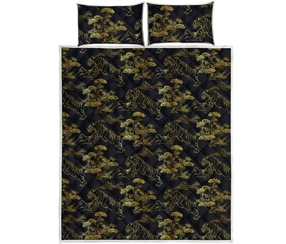 Black And Gold Japanese Tiger Print Quilt Bed Set