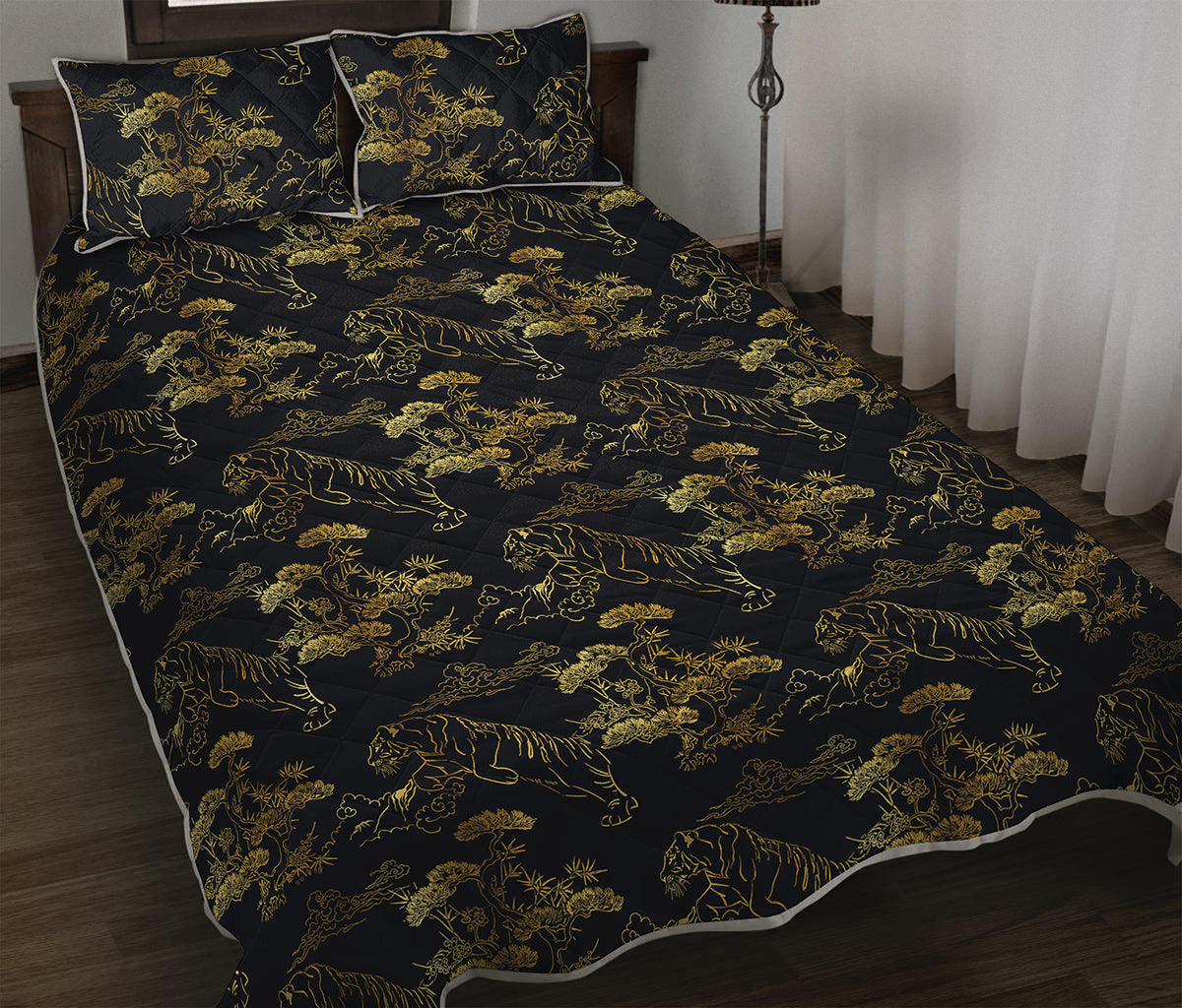Black And Gold Japanese Tiger Print Quilt Bed Set