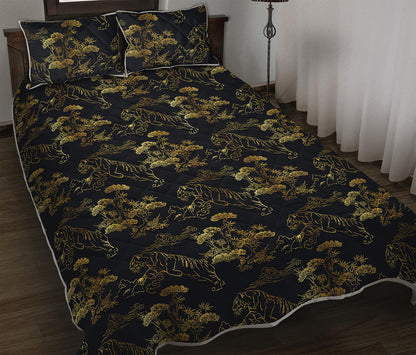 Black And Gold Japanese Tiger Print Quilt Bed Set