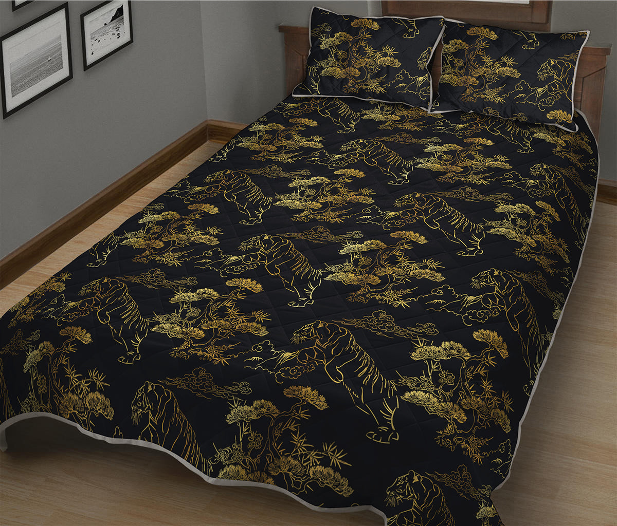 Black And Gold Japanese Tiger Print Quilt Bed Set