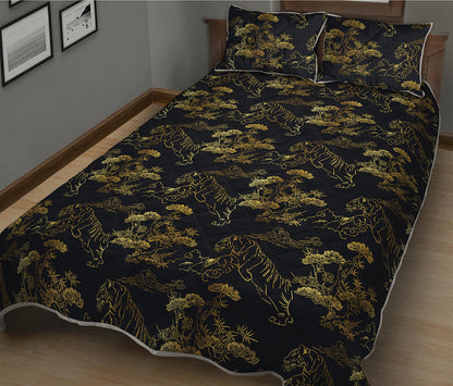 Black And Gold Japanese Tiger Print Quilt Bed Set
