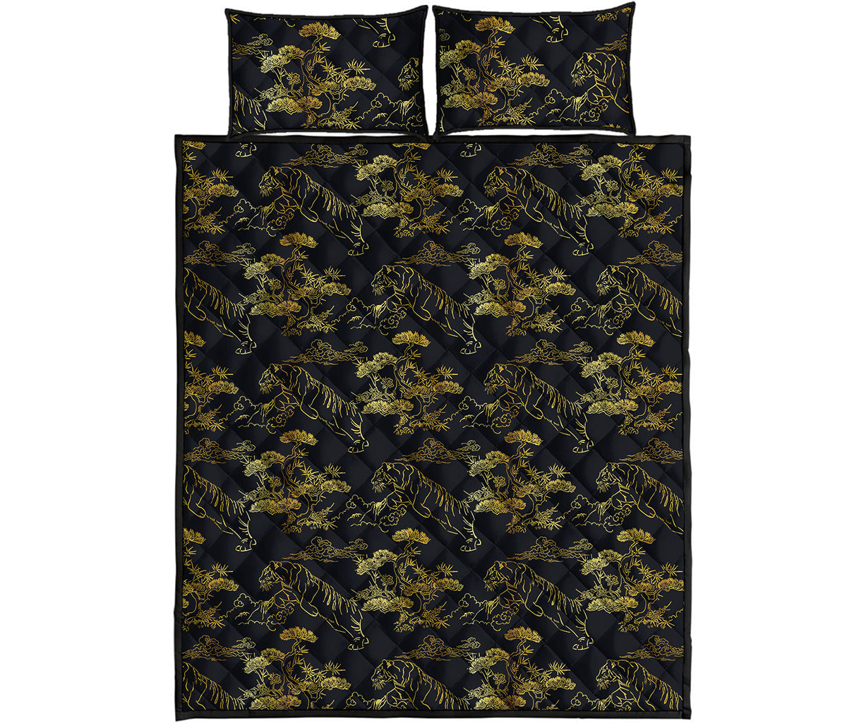 Black And Gold Japanese Tiger Print Quilt Bed Set