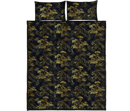 Black And Gold Japanese Tiger Print Quilt Bed Set