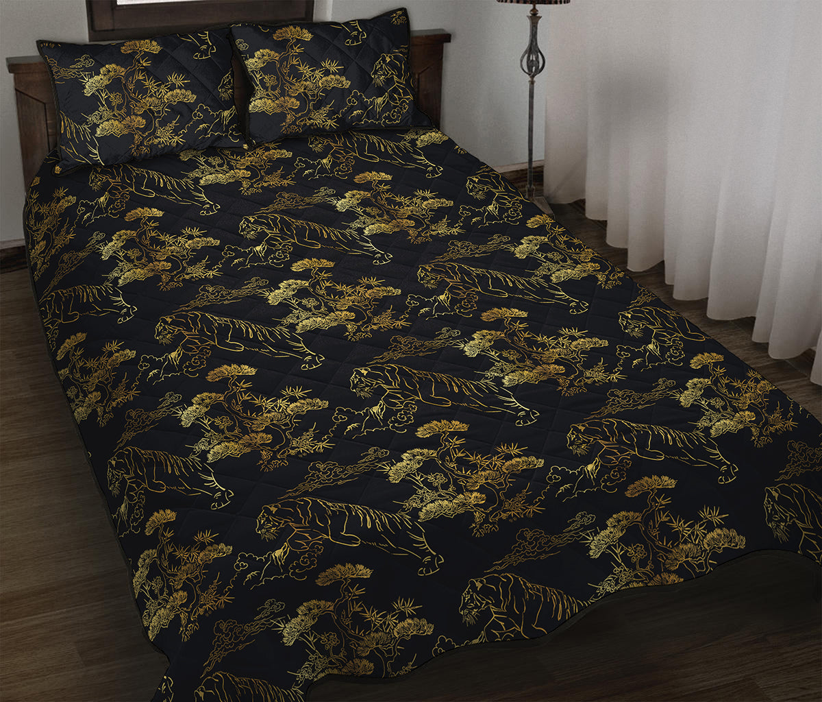 Black And Gold Japanese Tiger Print Quilt Bed Set