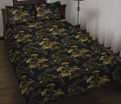 Black And Gold Japanese Tiger Print Quilt Bed Set