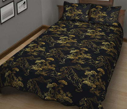 Black And Gold Japanese Tiger Print Quilt Bed Set