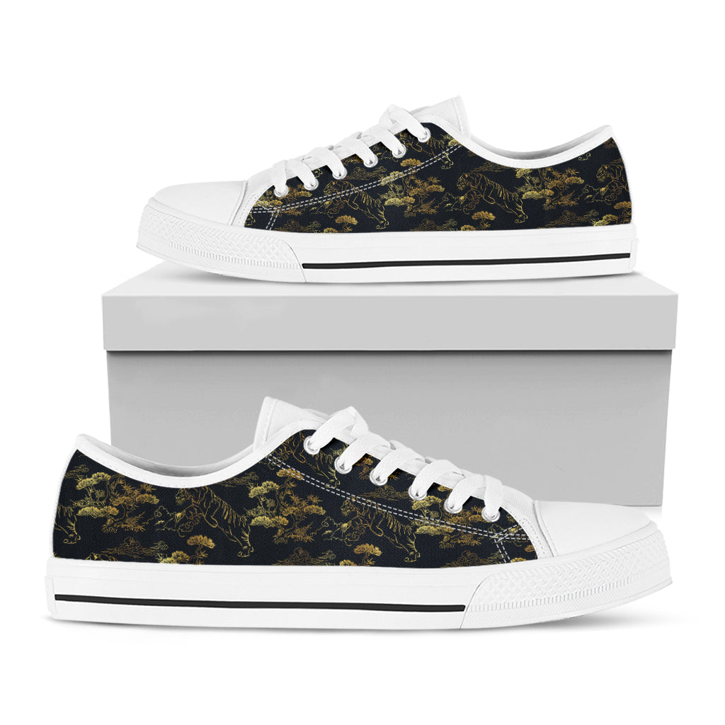 Black And Gold Japanese Tiger Print White Low Top Shoes