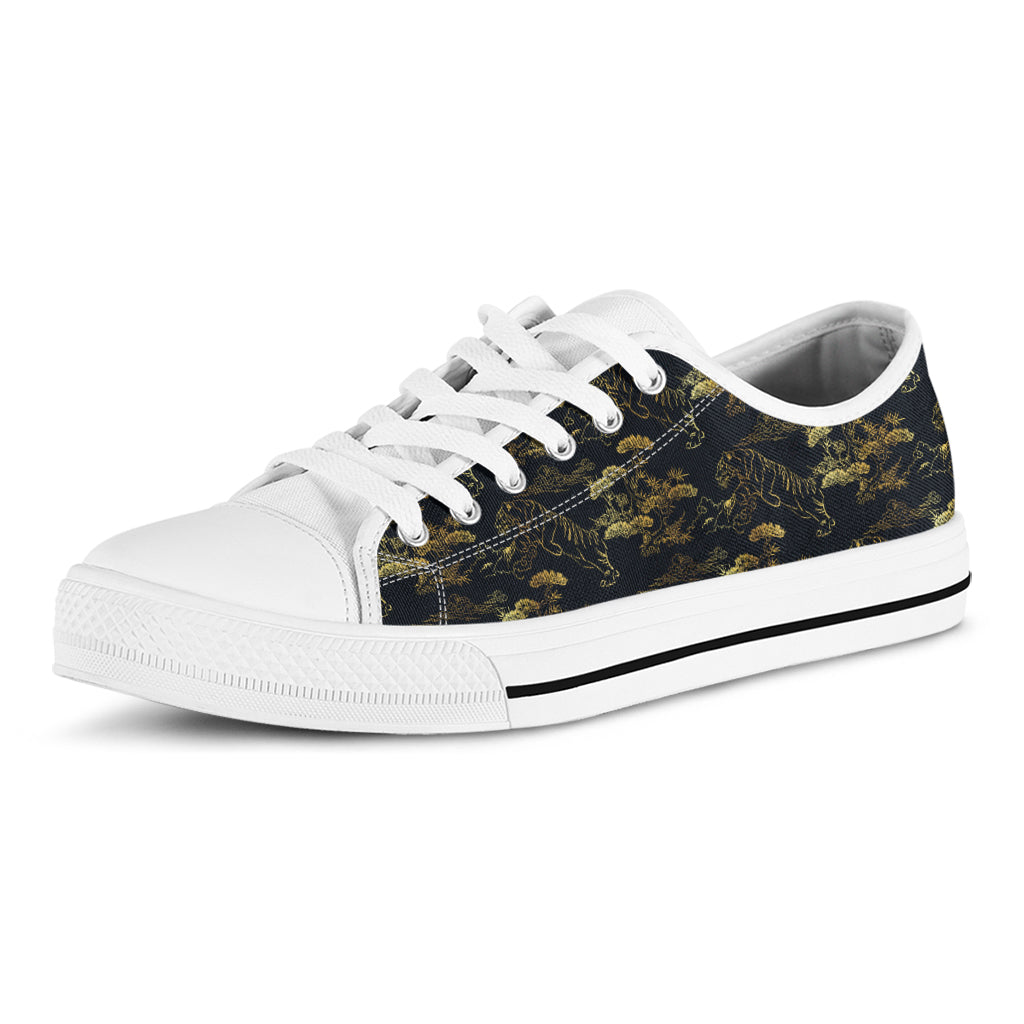 Black And Gold Japanese Tiger Print White Low Top Shoes