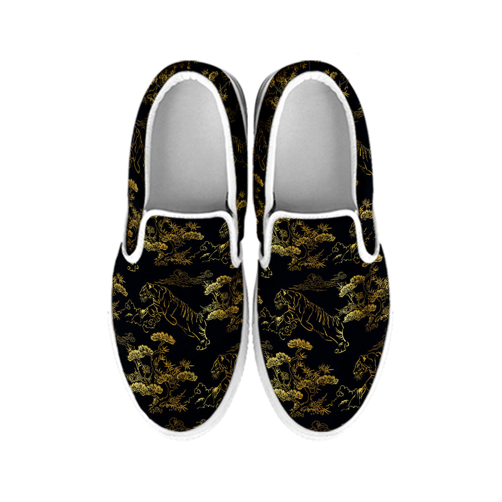 Black And Gold Japanese Tiger Print White Slip On Shoes